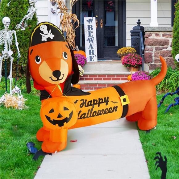 5 FT Halloween Inflatable Dog with Pumpkin - LED Lighted Blow Up Yard Decoration - Picture 2 of 7